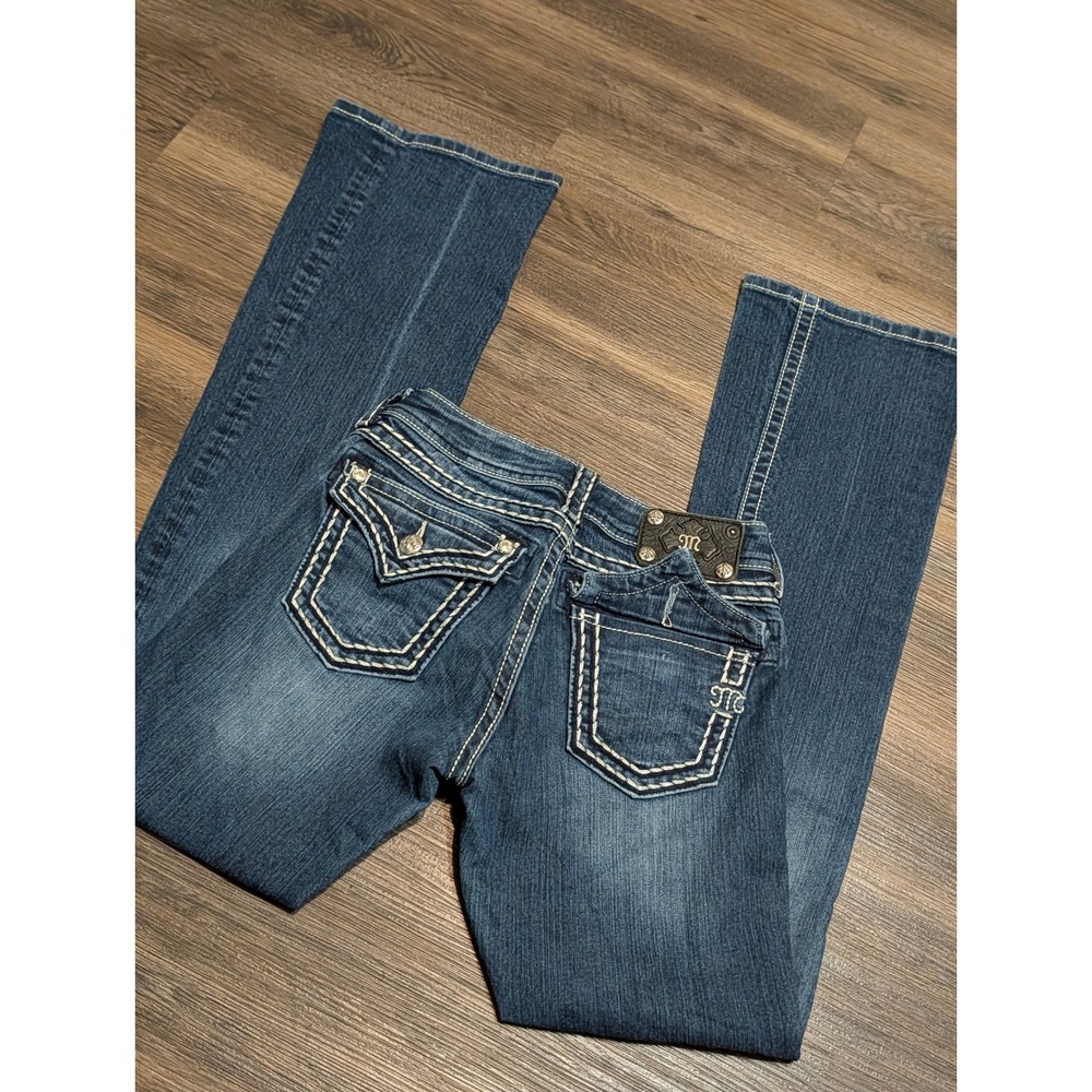 Miss Me JS5014B58 Dark Wash Bootcut Jeans Blue Thick Stitch Embellished Size 27